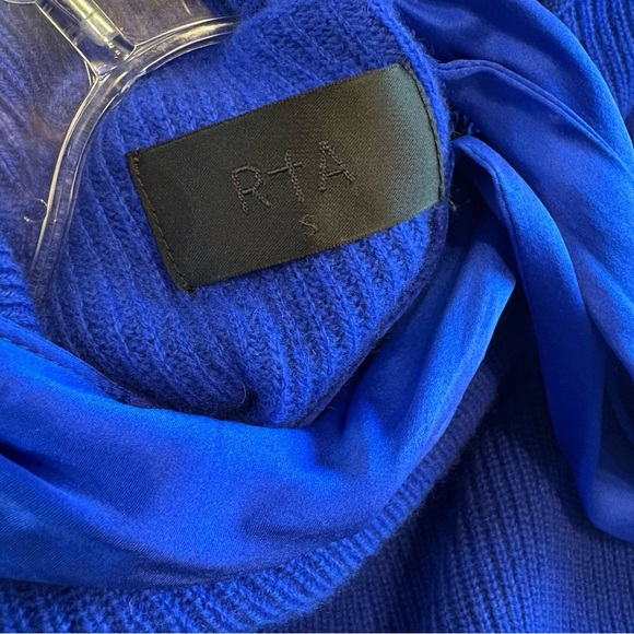RtA Millie Tie Neck Sweater 100% Cashmere Silk Royal Blue Small Scarf Cut Out - Picture 14 of 15